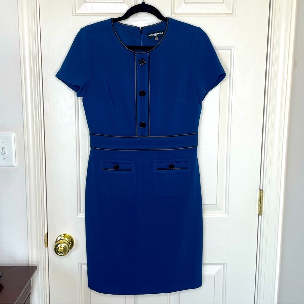 Karl Lagerfeld Paris Blue Sheath Dress Short Sleeve Button Front Twe Preppy